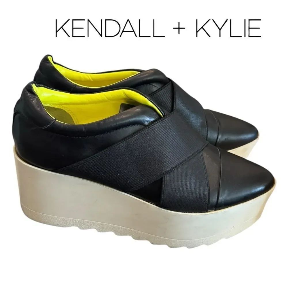 Kendall & Kylie Tasha Women’s Black Cream Neon Leather Wedge Shoes 7